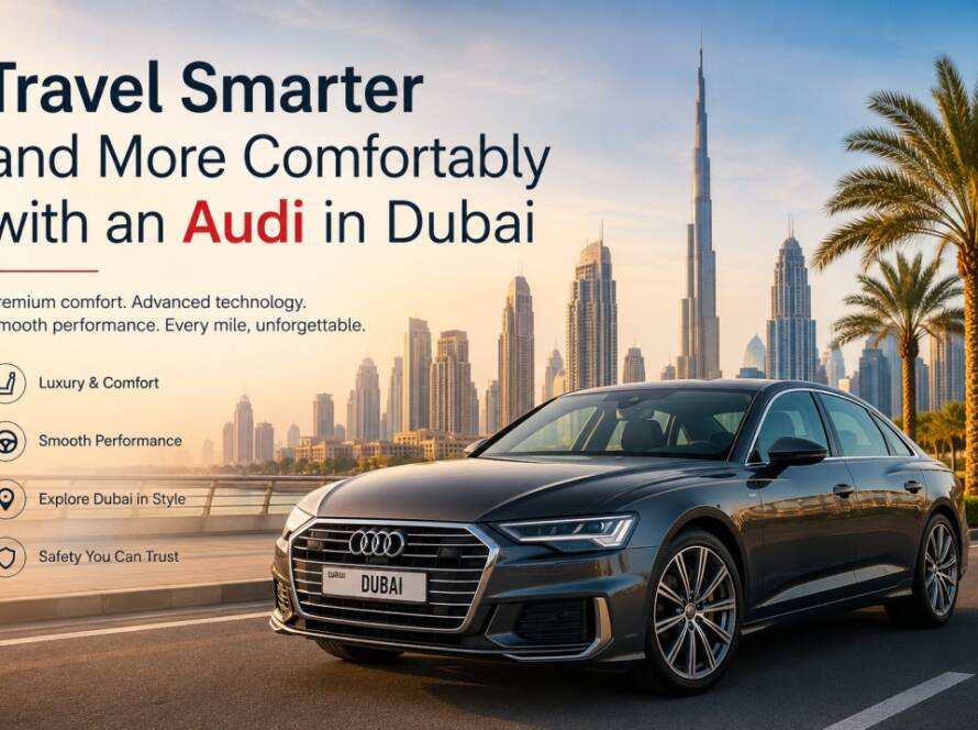 Luxury Audi rental car parked in Dubai city with modern skyline
