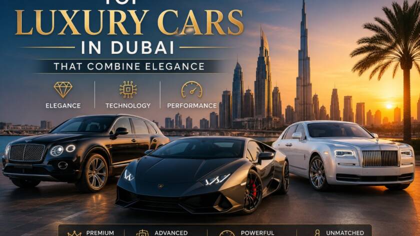 Top luxury cars in Dubai parked in a modern city setting with luxury skyline views