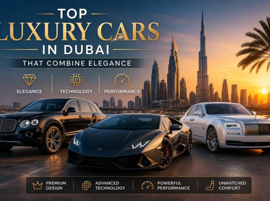 Top luxury cars in Dubai parked in a modern city setting with luxury skyline views