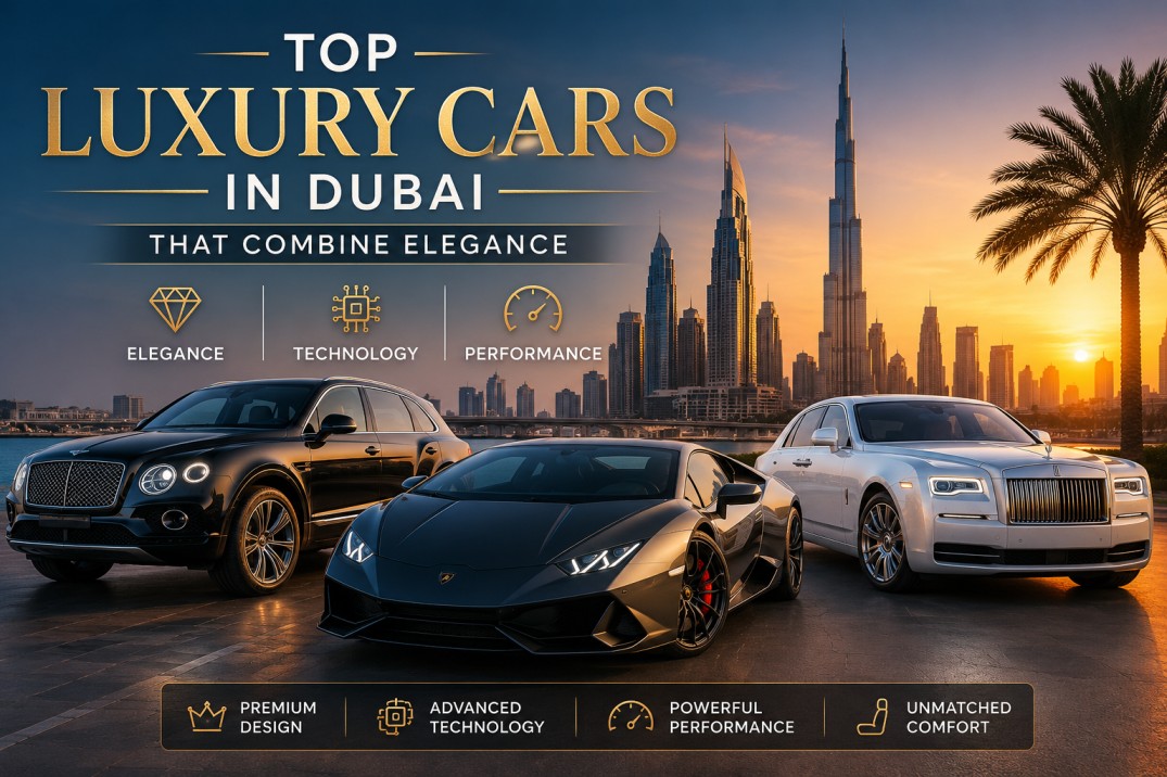 Top luxury cars in Dubai parked in a modern city setting with luxury skyline views