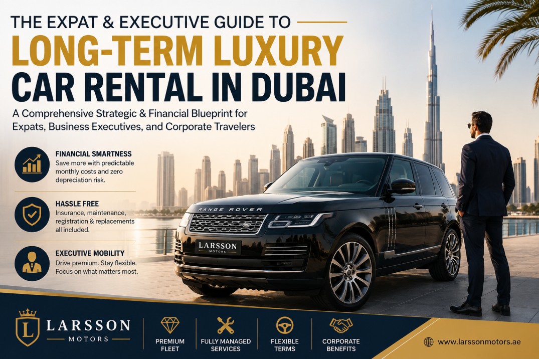 Executive standing beside a luxury SUV in Dubai skyline showcasing luxury car rental offers Dubai for expats, corporate executives, and long-term business travelers.