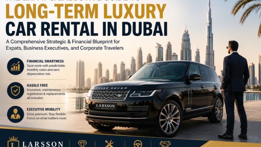 Executive standing beside a luxury SUV in Dubai skyline showcasing luxury car rental offers Dubai for expats, corporate executives, and long-term business travelers.
