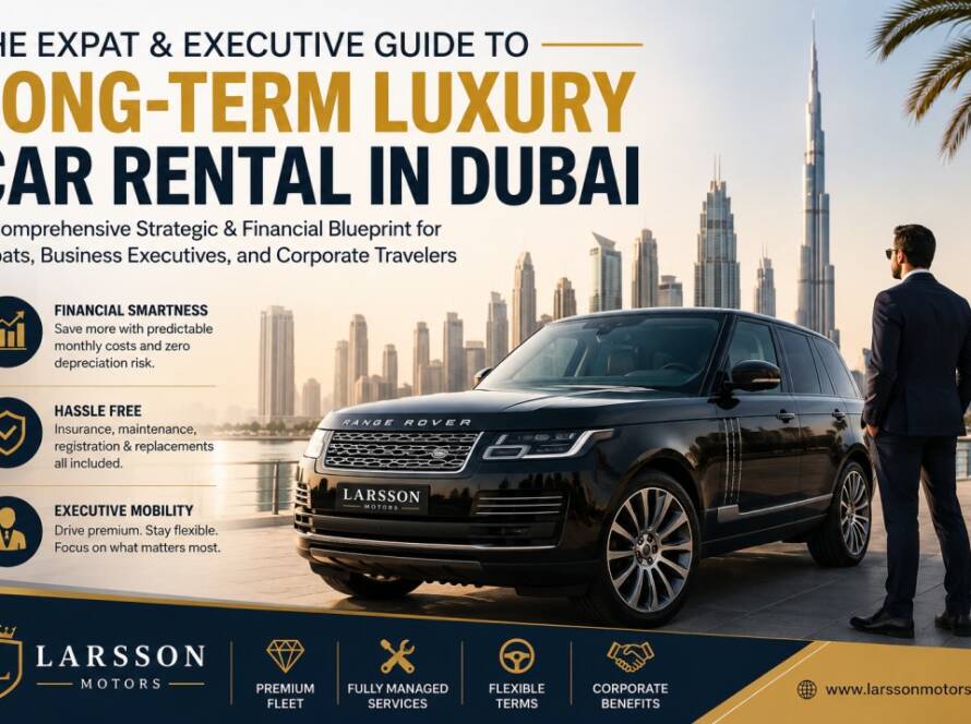 Executive standing beside a luxury SUV in Dubai skyline showcasing luxury car rental offers Dubai for expats, corporate executives, and long-term business travelers.