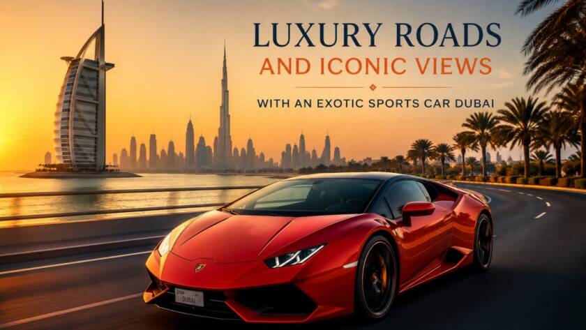Luxury exotic sports car Dubai driving along the modern Dubai skyline