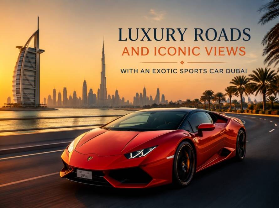 Luxury exotic sports car Dubai driving along the modern Dubai skyline