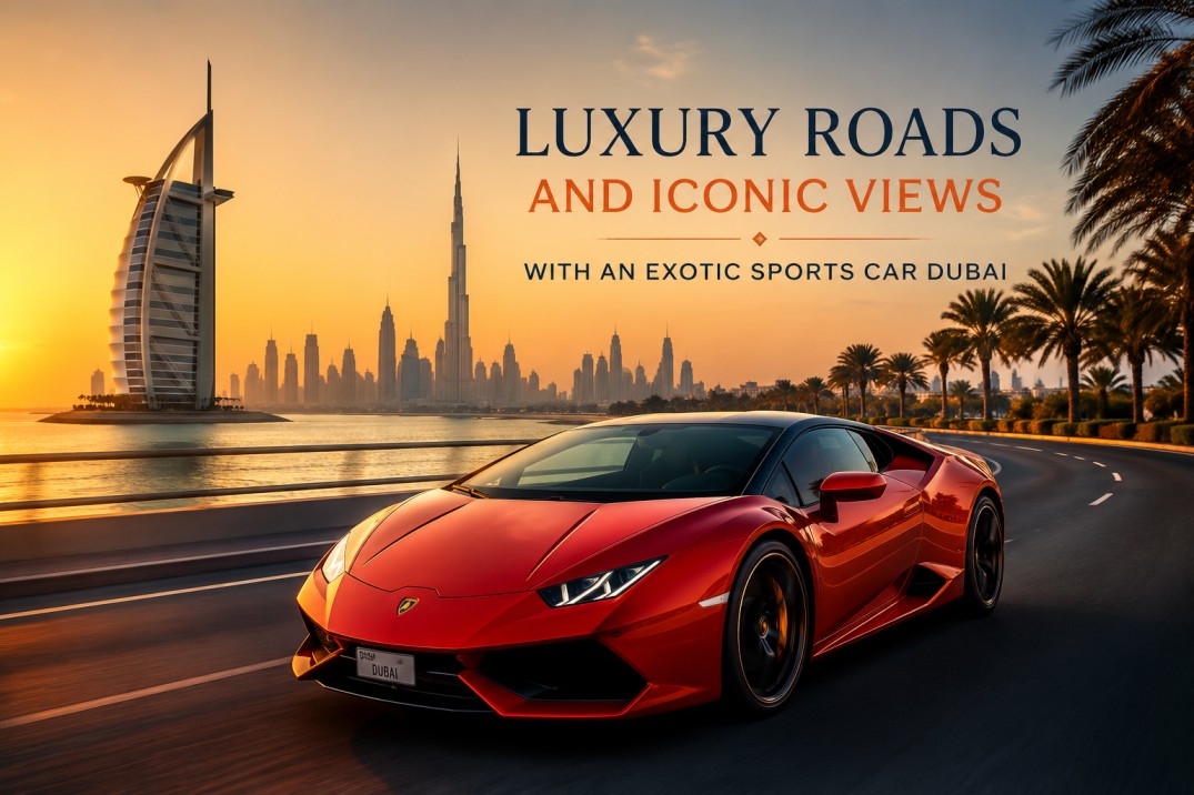 Luxury exotic sports car Dubai driving along the modern Dubai skyline