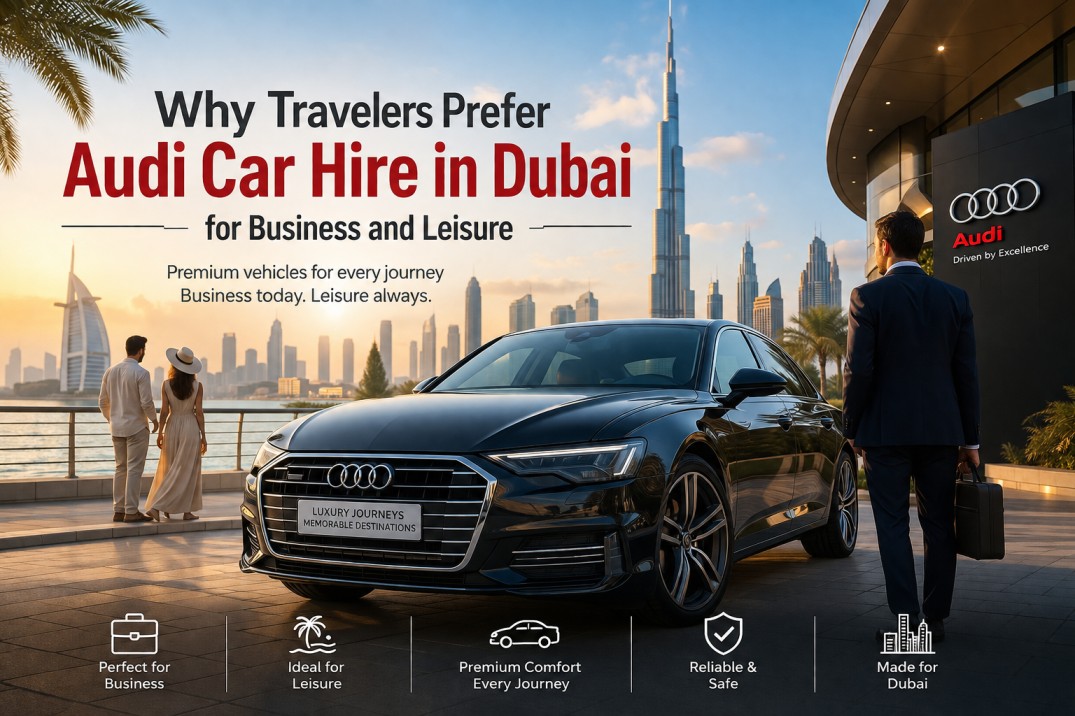 Premium audi car hire in Dubai featuring a luxury Audi with the Dubai skyline for business and leisure travel.