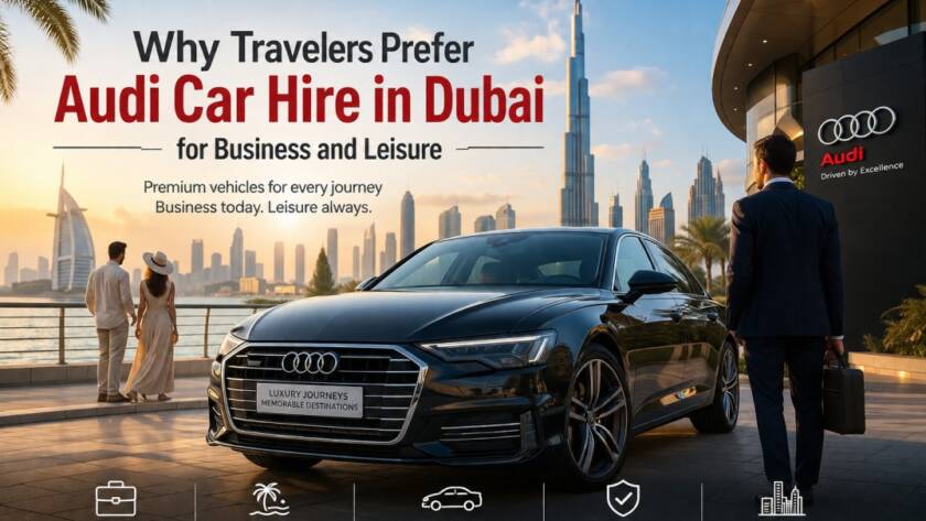 Premium audi car hire in Dubai featuring a luxury Audi with the Dubai skyline for business and leisure travel.