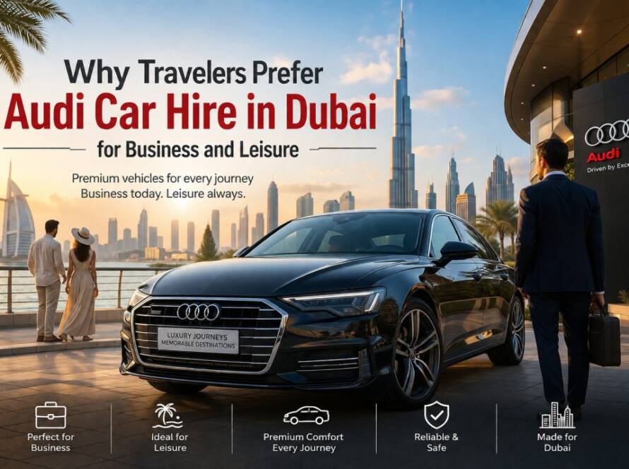 Premium audi car hire in Dubai featuring a luxury Audi with the Dubai skyline for business and leisure travel.