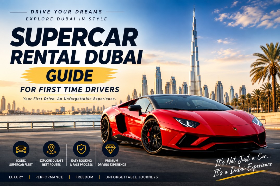 Supercar rental Dubai guide featuring a luxury red supercar with the Dubai skyline and Burj Khalifa for first time drivers.