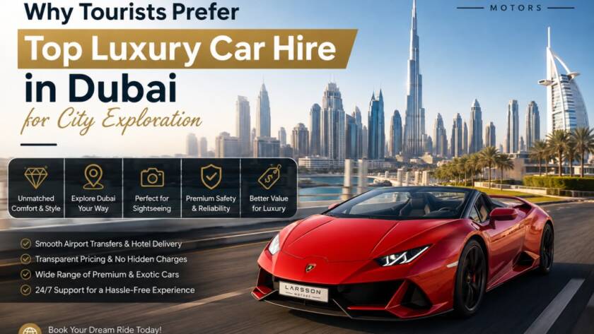 Top luxury car hire Dubai with a premium convertible driving past the Dubai skyline for an unforgettable city exploration experience.