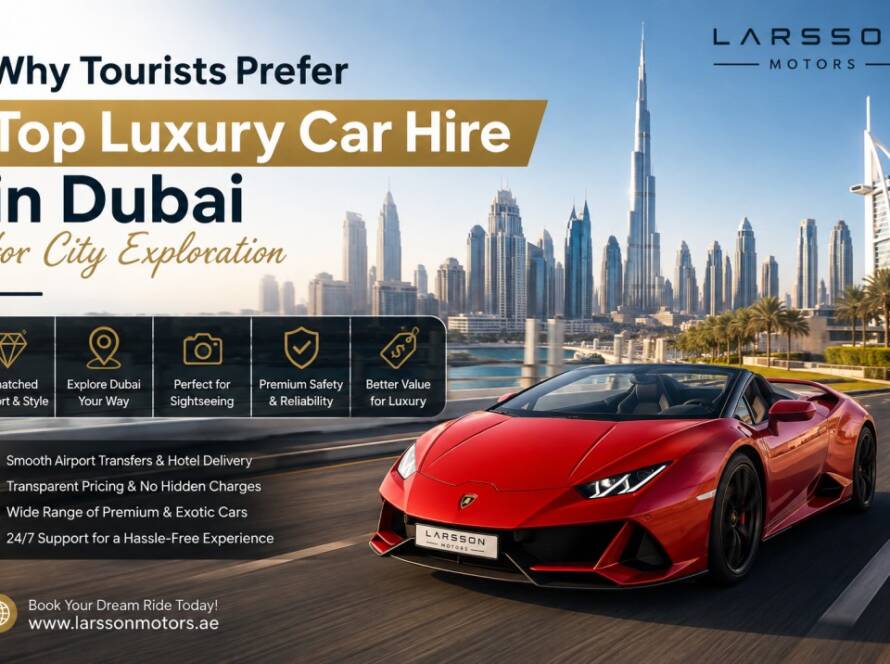 Top luxury car hire Dubai with a premium convertible driving past the Dubai skyline for an unforgettable city exploration experience.