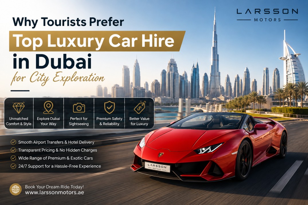 Top luxury car hire Dubai with a premium convertible driving past the Dubai skyline for an unforgettable city exploration experience.
